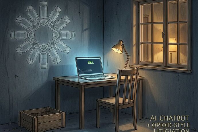 A solitary desk in a dim basement room. A laptop glows with SEL in cursor-green text against a dark chat interface. Ghostly outlines of prescription pill bottles form a mandala on the wall. An abandoned wooden planter box sits on the floor — unfulfilled dream of sustainable housing. Cinematic chiaroscuro, blue screen glow mixing with warm amber from outside.