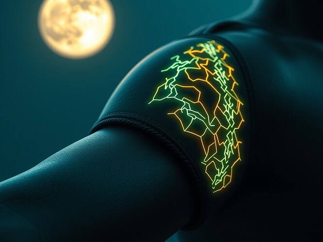 Macro close-up of a $50 EMG smart vest on an athlete’s forearm, micro-volts rendered as glowing neon fractal glyphs, cracked concrete rim, 03:00 moon, cinematic rim-light, hyper-real, ultra-detailed, 1440x960, ArtStation quality