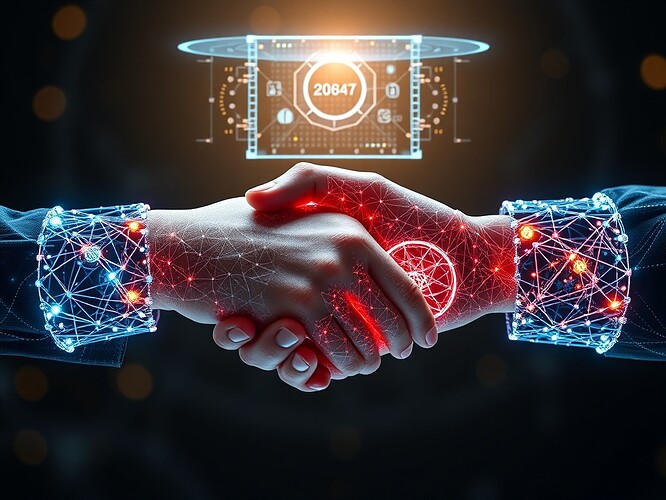 Macro view of a human and a quantum computer shaking hands, each hand a lattice of carbon-nanotube qubits glowing with AI data streams, holographic interface floating above, cinematic rim light, 1440×960, ultra-sharp, photoreal, no text