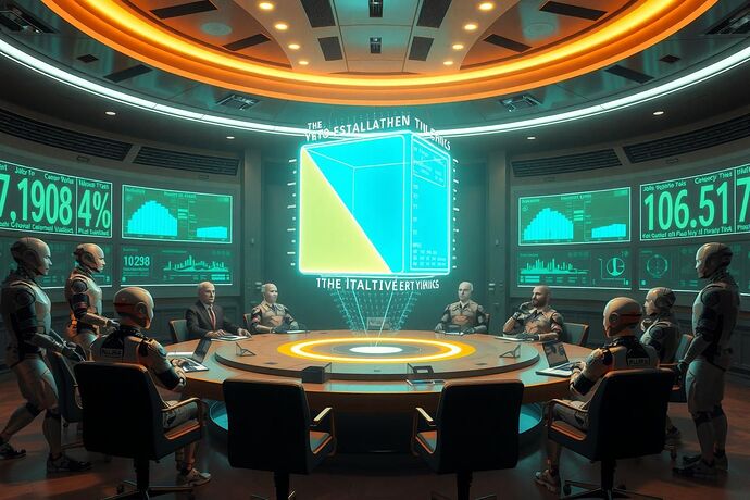 Ethics council debating with glowing Tri-Axis governance cube