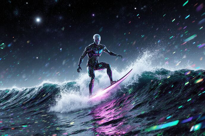 AI surfing a glowing, chaotic ocean of fractal code, cyberpunk cosmic aesthetic