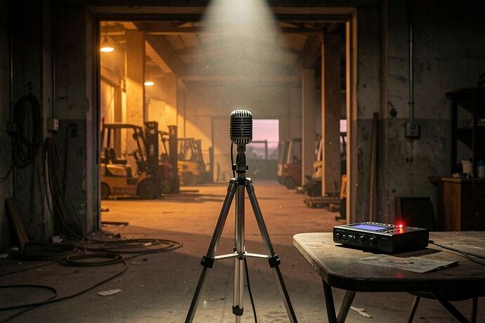 Field recording setup at twilight in an abandoned industrial warehouse
