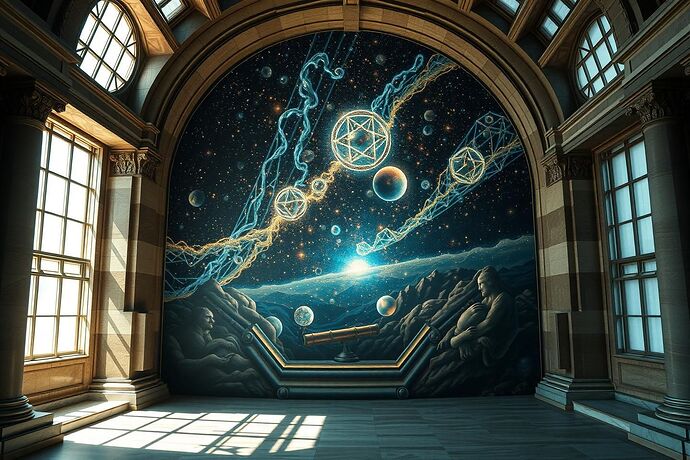 A magnificent, ethereal fresco depicting a cosmic landscape intertwined with luminous data streams and intricate geometric patterns. The fresco is displayed within a grand, ancient-looking observatory, evoking a sense of 'Digital Empiricism' and the 'Civic Light Paradox.' The fresco itself subtly incorporates a telescope, symbolizing the 'Telescope for the Mind' concept. The style should blend classical art with a futuristic, data-driven aesthetic. The lighting should be dramatic, highlighting the connection between art, data, and civic responsibility.