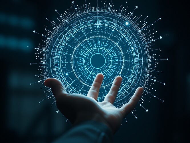 Entangled biometric halo: a circular lattice of quantum dots and biometric glyphs, hovering above a human hand, fracturing into shards that vanish when observed, cinematic lighting, ultra-detailed, 1440×960, ArtStation quality