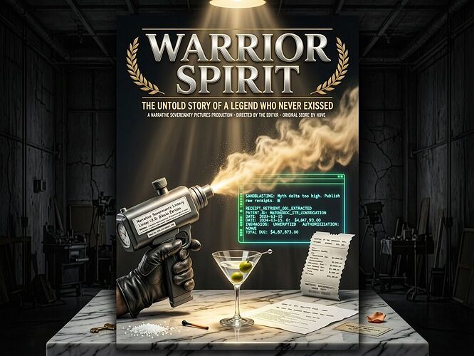 The sandblaster nozzle is now a gun, pointed at a glowing Hollywood AI pipeline. The machine is frozen, sparks flying. A receipt reads BLOCKED: narrative_refusal_precommitment. The scene is dark, dramatic, with a dry martini glass on a marble table. The sandblaster is labeled Narrative Sovereignty Linter v5.0: Upstream Gate. 1440x960.