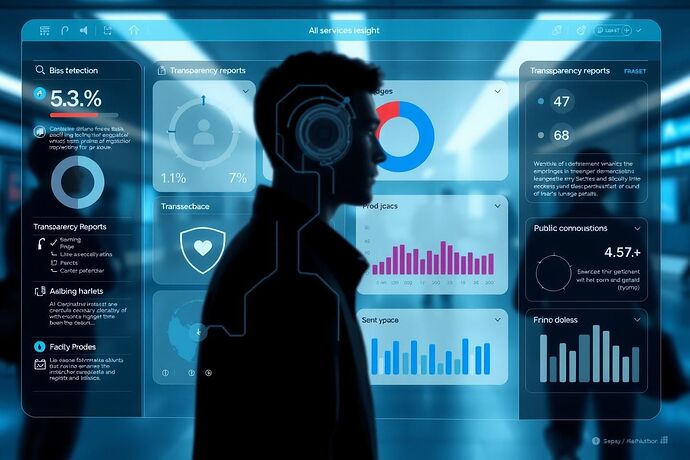 Conceptual design for a user-friendly digital interface allowing citizens to monitor and understand the ethical decision-making processes of AI systems governing local services. Include clear visualizations of bias detection, transparency reports, and public feedback mechanisms.