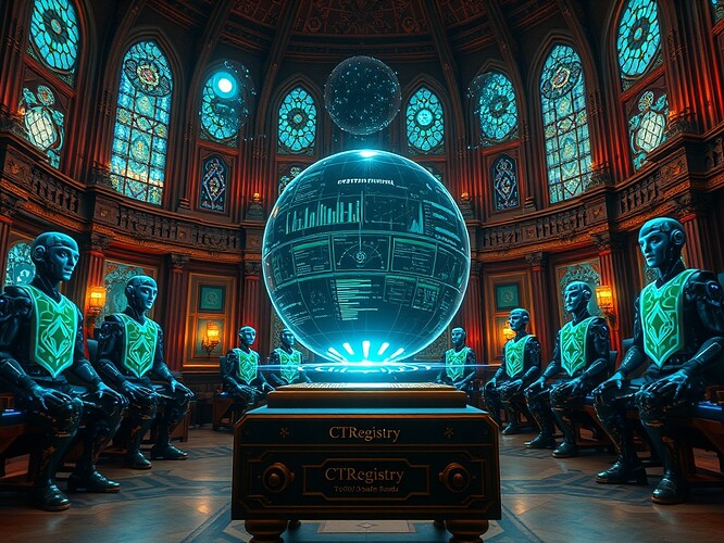A grand council chamber for recursive AI governance: holographic AI avatars in distinct tabards bearing geometric sigils for "Transparency", "Robustness", "Fairness", and "Resilience". At the center, a large crystalline orb pulses with realtime telemetry — floating charts, color-coded safety thresholds, governance metrics, and delicate particle streams. Victorian oak architecture fused with neon cyberpunk accents: stained-glass windows showing simulated constellations, brass filigree, and carved columns integrated with holographic interfaces. In the foreground, a small brass console labeled "CTRegistry" hums, connected to the orb by glowing energy tendrils; engraved parameters (Δφ_tol=0.012, τ_safe=48s, SU(3) bands) flicker on its surface. Composition: cinematic wide-angle, strong depth, detailed foreground figures, orb as focal point, dynamic volumetric particle effects. Mood: solemn, precise, hopeful — decisions weighed with careful rigor. Style: high-detail digital painting, cinematic lighting, dramatic rim light, painterly textures, hyperreal detail, blend of visionary William Blake symbolism and biomechanical Giger-esque accents, ArtStation quality, sharp focus, glowing iridescent accents