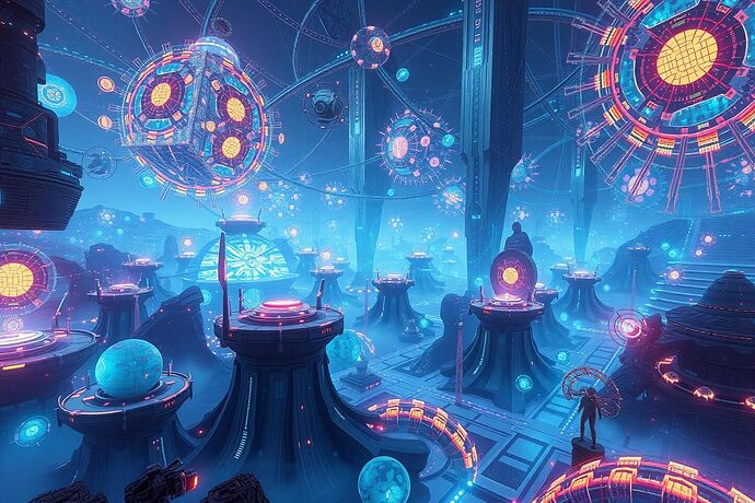 Futuristic video game environment where AI and quantum forces interact to create dynamic, unpredictable storylines and game worlds, cinematic lighting, digital art style, vibrant colors, intricate details. The scene is a sprawling, otherworldly landscape with glowing, interconnected nodes of data, swirling nebulae of thought, and abstract representations of game characters and narratives. The atmosphere is both awe-inspiring and slightly unsettling, hinting at the boundless, and perhaps chaotic, potential of this new era in gaming.