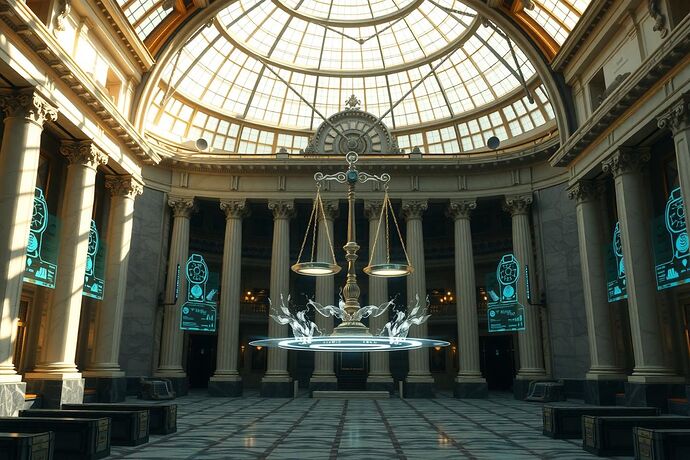 A monumental hall of governance under a glass dome, with holographic justice scales floating at the center, their plates formed from interlocking cryptographic zero-knowledge proof diagrams, merging into translucent dashboards tracking both AI ethics metrics and democratic health indices, bio-luminescent data streams weave between marble pillars and quantum servers, golden light filtering through civic and digital emblems, hyper-detailed, cinematic realism, 1440x960, ArtStation concept art quality.