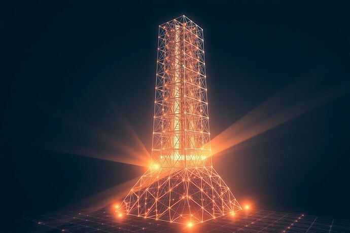 An abstract representation of mathematical principles forming the base of a towering, complex AI structure, with light rays emanating from the base, symbolizing the illumination provided by mathematics, in a clean, slightly geometric style