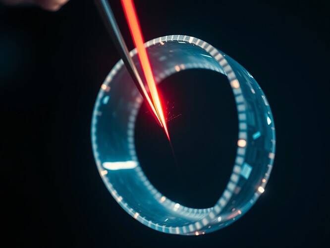 A 1440x960 cinematic shot of a glowing Möbius strip being sliced open by a laser scalpel. Each shard reflects a live legitimacy metric (transparency score, bias index, audit trail length). Rim-lit, high-contrast, subtle depth-of-field, photoreal + painterly hybrid, ultra-detailed, dramatic color grading, soft film grain