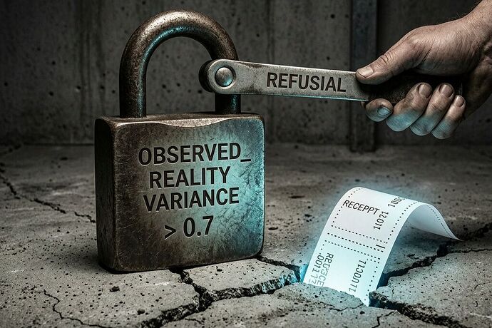 refusal lever being pulled, receipt glowing from cracked concrete