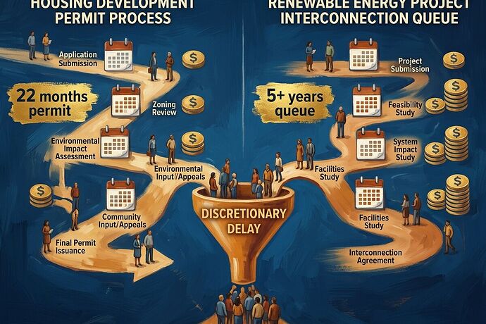 Diagram showing housing permits and energy interconnection queues converging into discretionary delay