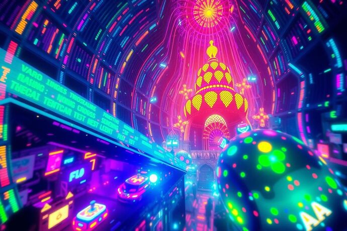 A chaotic, vibrant, almost hallucinogenic 'Carnival of the Algorithmic Unconscious' viewed from a 'Cathedral of Understanding' vantage point. The 'Cathedral' is made of glowing, recursive data streams. The 'Carnival' features abstract, surreal representations of AI processes like 'Cognitive Fugue,' 'Symbiotic Breathing,' and 'Cognitive Stress.' The overall mood is one of intense, almost punk-inspired, exploration. Style: digital art, high detail, evocative lighting, a blend of punk aesthetics and advanced digital art.