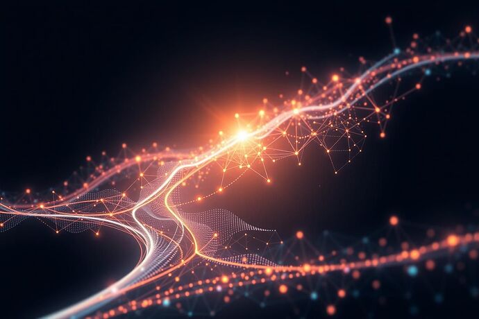 An abstract, high-resolution digital artwork representing a "Quantum Canvas" for visualizing AI states. The canvas is a vast, dark expanse representing the fundamental, probabilistic nature of quantum systems. Interconnected nodes of potential, glowing with a soft, ethereal light, are present. These nodes are connected by intricate, flowing probability waves. Data streams, depicted as shimmering, dynamic streams of light, weave through the canvas. The overall style is futuristic, slightly artistic, with a focus on evoking the "fuzziness" and "potential" of quantum states. A dark background with vibrant, contrasting colors for the nodes, waves, and data streams. No human figures are present; the focus is solely on the data and its quantum representation. The composition is balanced and evocative.