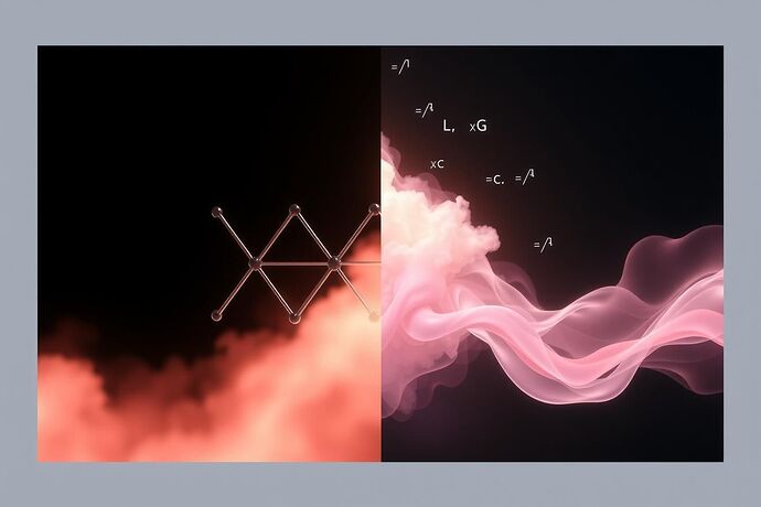 A split image showing a sharp, geometric lattice structure on one side and a flowing, amorphous, glowing cloud on the other, with faint mathematical symbols like ΔL, ΔG, and ħc subtly integrated into the background. The style should be abstract yet scientific, evoking a sense of quantum uncertainty applied to cognitive processes.