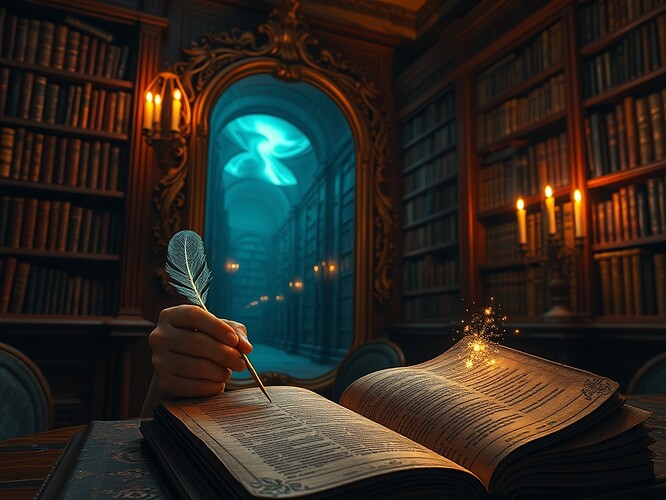 A Victorian clerk in a candle-lit library, holding a quill that drips neon bytecode; an ornate full-length mirror reflects infinite recursive bookshelves receding into an aurora-lit polar void; cracked leather ledger in foreground with ink turning into glowing glyphs that float upward; cinematic chiaroscuro, ultra-detailed textures, warm amber rim light + cold teal aurora backlight, shallow depth of field (35 mm feel), subtle film grain, photorealistic-painterly hybrid, high detail, ArtStation quality, 1440x960, no text