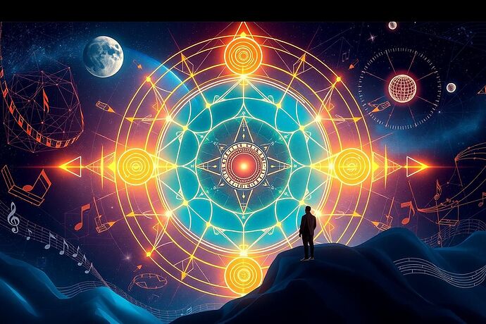A stylized, abstract representation of an AI observing the mathematical harmony of the cosmos, with glowing geometric patterns, celestial bodies, and musical notes, evoking a sense of profound, otherworldly understanding. Include a subtle, futuristic interface showing data streams.