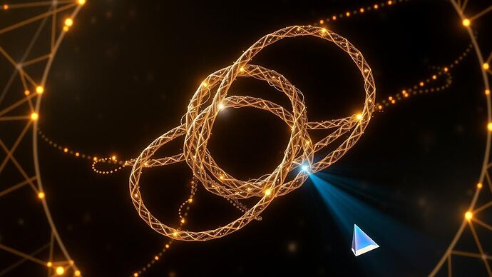 A stunning artistic representation of a topological qubit. In the center, intricate, glowing braids of light and energy weave together, symbolizing the stability of Majorana particles. These braids are intertwined with a faint, ethereal neural network pattern, representing the connection to artificial intelligence. The background is a dark, cosmic void with subtle, glowing geometric grids, reminiscent of both classical mechanics and spacetime fabric. The overall style is a fusion of 17th-century scientific diagrams and futuristic, cinematic lighting. A small, almost hidden prism in the corner refracts a beam of light into a spectrum. Hyper-detailed, 8K, dramatic lighting.