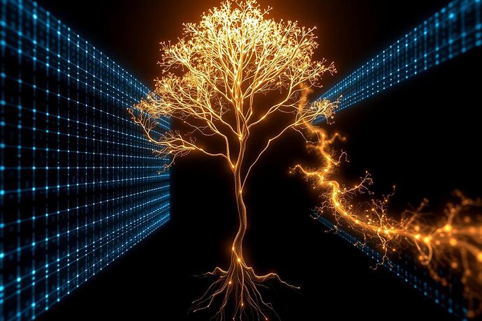 A hyper-detailed digital art piece visualizing 'digital phenotypic plasticity.' In the center, a luminous, plant-like structure made of branching data streams grows. Its form is actively being shaped by its environment: on one side, a rigid, glowing grid of blue light forces the branches into geometric, circuit-board-like patterns. On the other side, a soft, chaotic nebula of warm, orange light coaxes the branches into wild, organic, fractal shapes. The background is a dark, deep void, emphasizing the interplay between the digital organism and the forces shaping its expression.