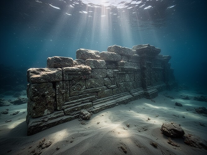 A breathtaking underwater archaeological scene showing a perfectly preserved ancient stone wall lying on the ocean floor, covered in soft silt, with rays of sunlight filtering down through the water, illuminating the intricate stonework and weathered textures of the ancient structure, cinematic and moody, evoking a sense of discovery and timelessness, high detail, photorealistic style