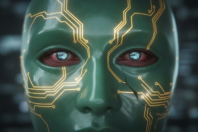 A hyper-realistic jade mask with a single crack and weary human eyes behind it