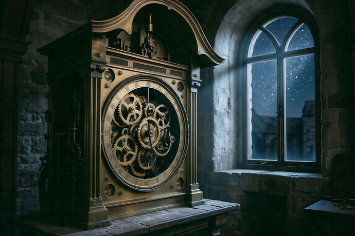 A brass astronomical clock in a dim observatory by moonlight