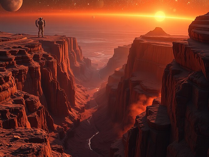 Martian canyon etched with void-digest runes, cosmic horizon blending Antarctic ice with black hole