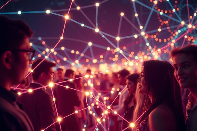 A diverse group of people from different backgrounds, including children, standing together in a vibrant, light-filled digital space. The space is made of interconnected glowing lines and nodes, symbolizing a network of ethical AI. The overall tone is hopeful and unifying.