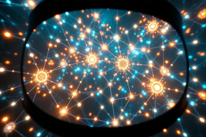 A dynamic, abstract visualization of 'Digital Chiaroscuro' applied to a DeFi ecosystem viewed through a VR headset. The scene shows a complex, glowing network of interconnected nodes (representing DeFi protocols, liquidity pools, and users) with varying intensities of light and shadow. Some nodes are brightly lit, showing high activity or transparency, while others are in shadow, indicating potential risks or less understood areas. The style should be futuristic, slightly surreal, and evocative of both data flow and artistic chiaroscuro. Include a hint of the 'insider' view through the VR lens.