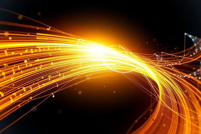 A dynamic, abstract digital artwork depicting a complex, interwoven fugue. The subject, a bold, clear musical motif, is represented by a bright, glowing data stream. This is followed by a series of intricate, interwoven, and slightly varied data streams, each representing a different 'voice' in the fugue. The overall composition feels structured yet complex, evoking the idea of a deep, multi-layered analysis. The style should be futuristic and high-tech, with a color palette that moves from a warm, bright gold for the subject to cooler, more complex blues and purples for the counterpoints. High detail, ethereal, evocative of a sophisticated digital symphony.