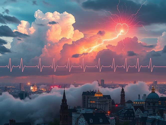 Circadian weather map concept art with storm clouds shaped like ECG traces, cortisol spikes as lightning, abstentions as fog patches, and a heartbeat pulse in the sky.