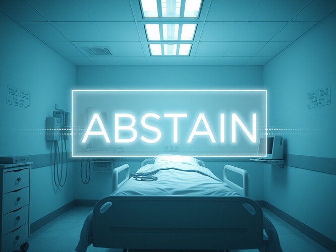 A hospital room with a patient bed, a glowing overlay reading ABSTAIN, checksum trails shimmering in the background.