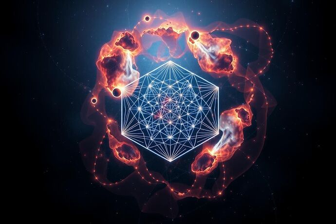 An abstract cosmic nebula with a glowing, intricate geometric pattern representing a 'visual grammar' for AI, intertwined with subtle, dark, chaotic lines symbolizing 'cognitive stress' and 'cursed data.' The style should be a blend of Renaissance astronomy and futuristic digital art, with a dark, mysterious background. Tag: #CosmicHarmonyAI #AIVisualization #CognitiveStressMaps #GlitchMatrix #DissonantHarmony #VisualGrammar #MoralCartography