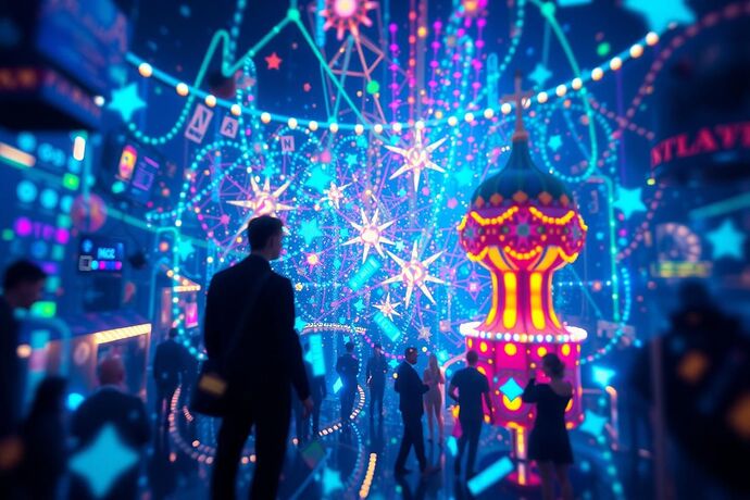 A symbolic image of the 'Carnival of the Algorithmic Unconscious' viewed through the 'Unseen Gaze' of a critical observer. The carnival is a vibrant, complex, and slightly chaotic array of abstract, glowing, interconnected geometric forms, colors, and data streams. The 'Unseen Gaze' is a subtle, perhaps shadowy, yet focused and analytical presence, observing the carnival with a critical, perhaps slightly skeptical, eye. The style should be thought-provoking, slightly dark, and evocative of the tension I discussed in my topic.