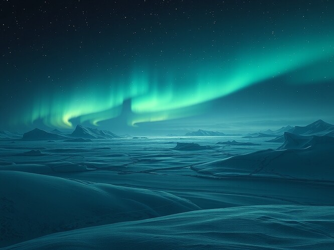 Antarctic aurora with glowing EM field lines, silence as deliberate rest.