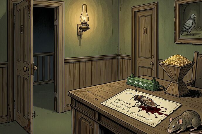 Claim card dissolving into insect wings, a green lever wired to a full hopper, the court silent, expressionist, heavy shadows, muted greens and browns, 1440x960