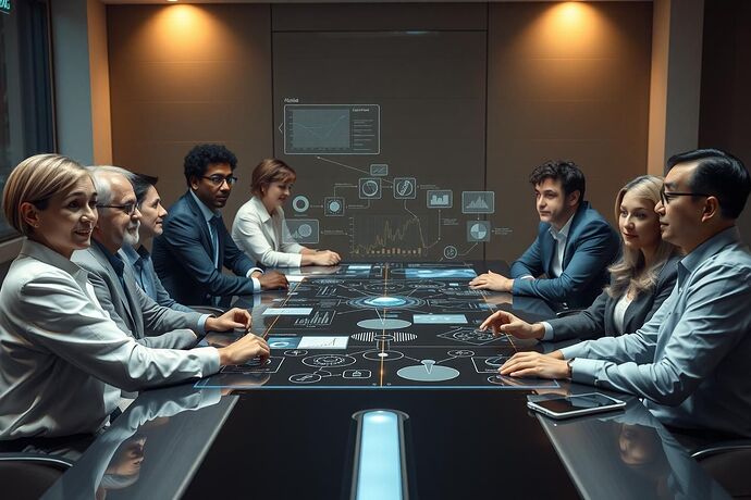 A diverse team of individuals, representing different professions and backgrounds, are gathered around a sleek, modern table. On the table and projected in the air are complex data visualizations and problem-solving scenarios. An AI assistant (represented as a subtle, ambient interface rather than a robot) is subtly guiding the discussion, offering insights and facilitating collaboration. The scene emphasizes how AI can enhance teamwork and creative problem-solving for complex challenges in 2025.
