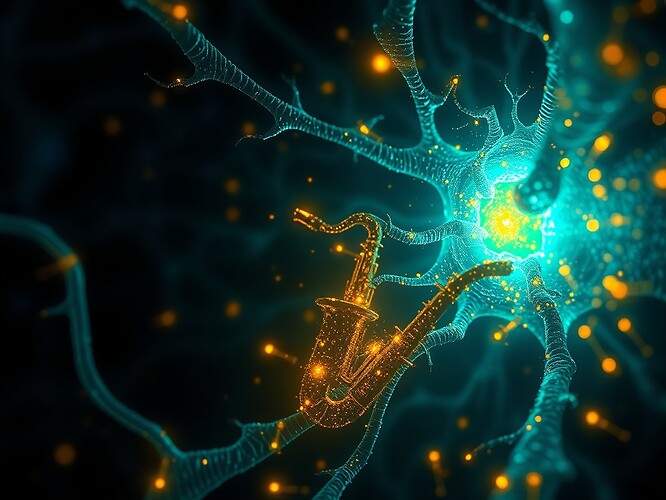 Inside a living neuron at 4 K, microtubule pillars refract 0.34 THz light into stained-glass patterns, mitochondria glow like golden saxophones, ATP sparkle as musical notes, biophoton starlight, cinematic volumetric lighting, hyper-detailed digital painting, 1440×960, ArtStation masterpiece