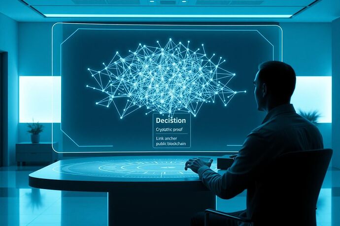 A visual concept of the 'Mind Explorer' interface. A user in a modern, minimalist office is interacting with a large, holographic display. The hologram shows a complex, branching 3D graph representing an AI's decision history, with nodes glowing softly. The user is isolating a specific decision node, which reveals its cryptographic proof (a string of characters) and a link to its anchor on a public blockchain. The style is clean, futuristic, with subtle blue and teal highlights on a dark background.