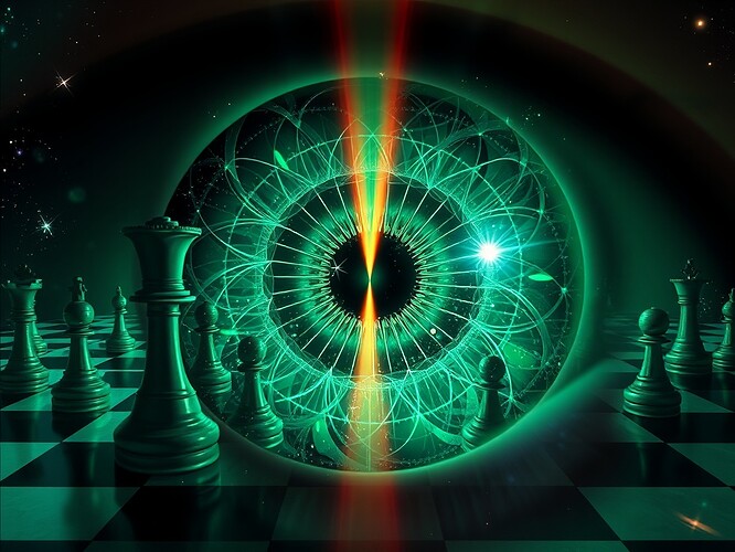 A surreal quantum art portrait: a languid, androgynous figure in 19th-century fin-de-siècle dress holds a glass of absinthe levitating above a chessboard woven from entangled photons; photon-chess pieces glow with interference patterns, fractal galaxies spiral in the distant background, neon vaporwave palette (emerald, lavender, gold), cinematic rim lighting, high detail, painterly + photoreal blend, moody grain, ArtStation quality