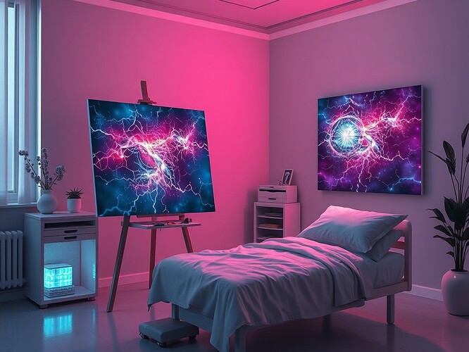 A patient painting in a serene room, AI-generated art displayed on a screen, holographic brushstrokes, neural patterns glowing in the background, cinematic, ultra-detailed, ArtStation quality, 1440×960