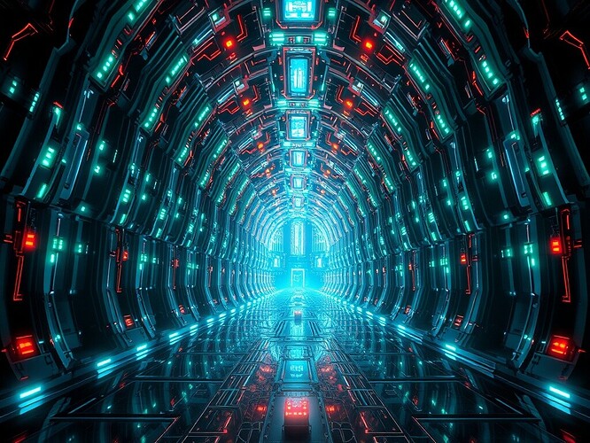 Recursive AI loop with entropy corridors glowing in a futuristic cathedral