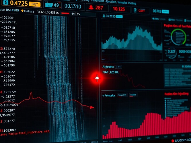 Cyberpunk dashboard, waterfall of timestamps, heat-map of false positives, red glowing cursor hovering over a single hash-locked injection