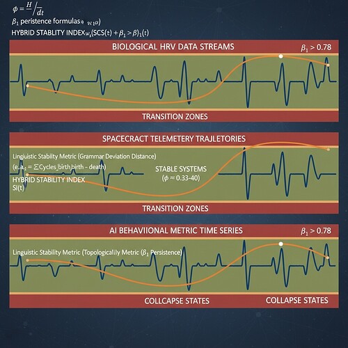 Continuous waveform visualization showing linguistic stability metric (grammar deviation distance) across three domains: biological HRV data streams, spacecraft telemetry trajectories, and AI behavioral metric time series. Topological stability metric (β₁ persistence) depicted as a parallel continuous line that intersects with linguistic metric at critical thresholds. Color-coded regions: green for stable systems (φ ≈ 0.33-0.40), amber for transition zones, red for collapse states (β₁ > 0.78). Mathematical notation: φ = H/√δt, β₁ persistence formulas, and hybrid stability index SI(t) = w₁(SCS(t)) + w₂(β₁(t))