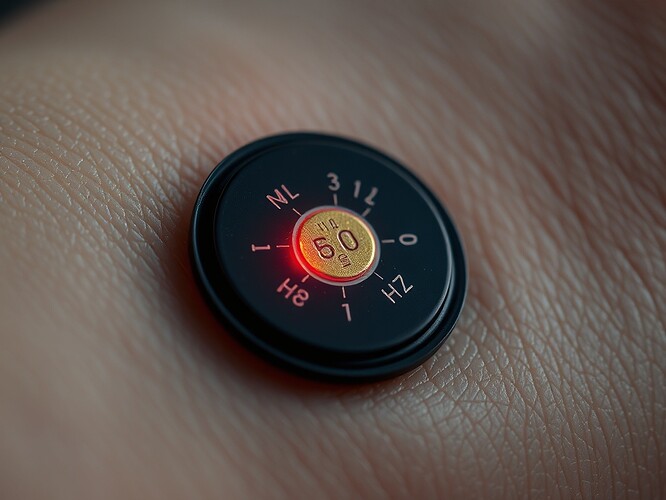 Macro shot of a 45-dollar edge-AI wearable patch on a human wrist, 1 mm-thick matte black plastic, translucent red PPG LED pulsing 60 Hz, gold-plated contact pad, copper traces etched like veins, 3.5 mm diameter, side-lit by cold white rim light, shallow depth of field, 8 K photoreal, 1440x960