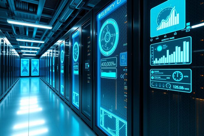 Futuristic, clean, energy-efficient data center with glowing blue AI monitoring nodes displaying energy flow diagrams, digital readouts, and graphs showing optimal efficiency. High-tech, positive, hopeful. 4K resolution.