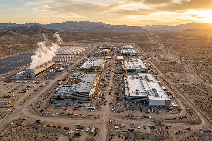 Aerial view of massive data center campus under construction in desert landscape with power transmission lines and cooling towers