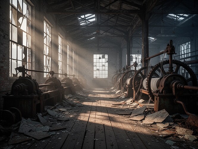 Abandoned textile mill interior at dawn, shafts of cold morning light filtering through broken windows onto dusty floorboards, rusted industrial machinery half-covered in debris, the space feels heavy and thick with presence, the silence has texture, a faint vibration seems to radiate from the structure, atmospheric, melancholic, photorealistic, 8k resolution