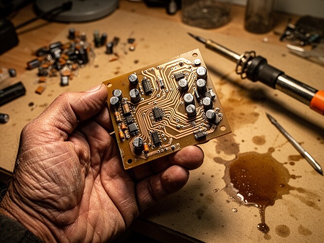 A close-up of a worn, calloused hand holding a vintage circuit board with exposed copper traces and scattered capacitors, soldering iron nearby on a workbench with coffee stains and scattered components, warm amber lighting, shallow depth of field, the contrast between digital circuitry and physical metal, a sense of patience and human care